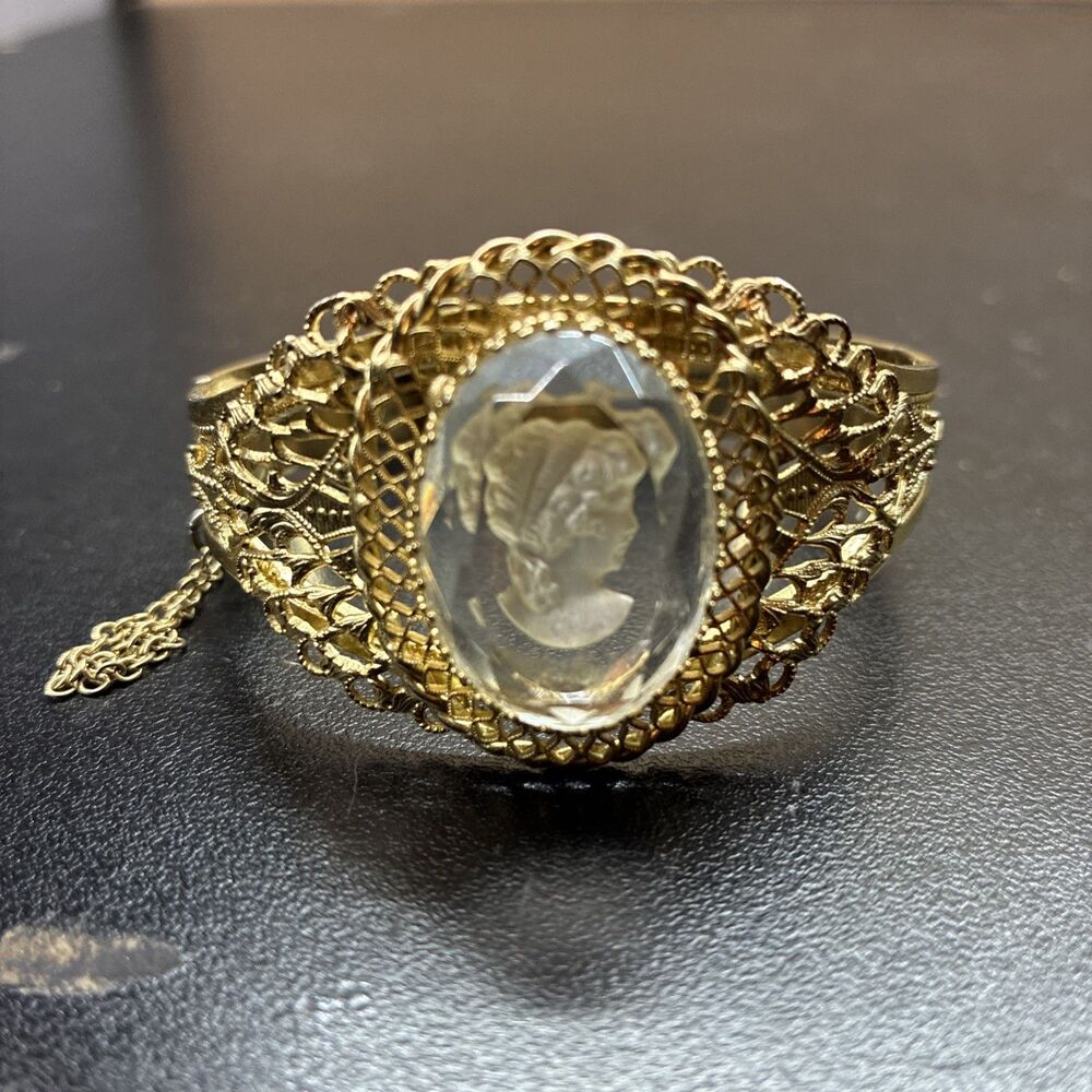 Vintage Whiting & Davis Intaglio Cameo Bracelet Gold Tone Filigree Hinged Cuff
